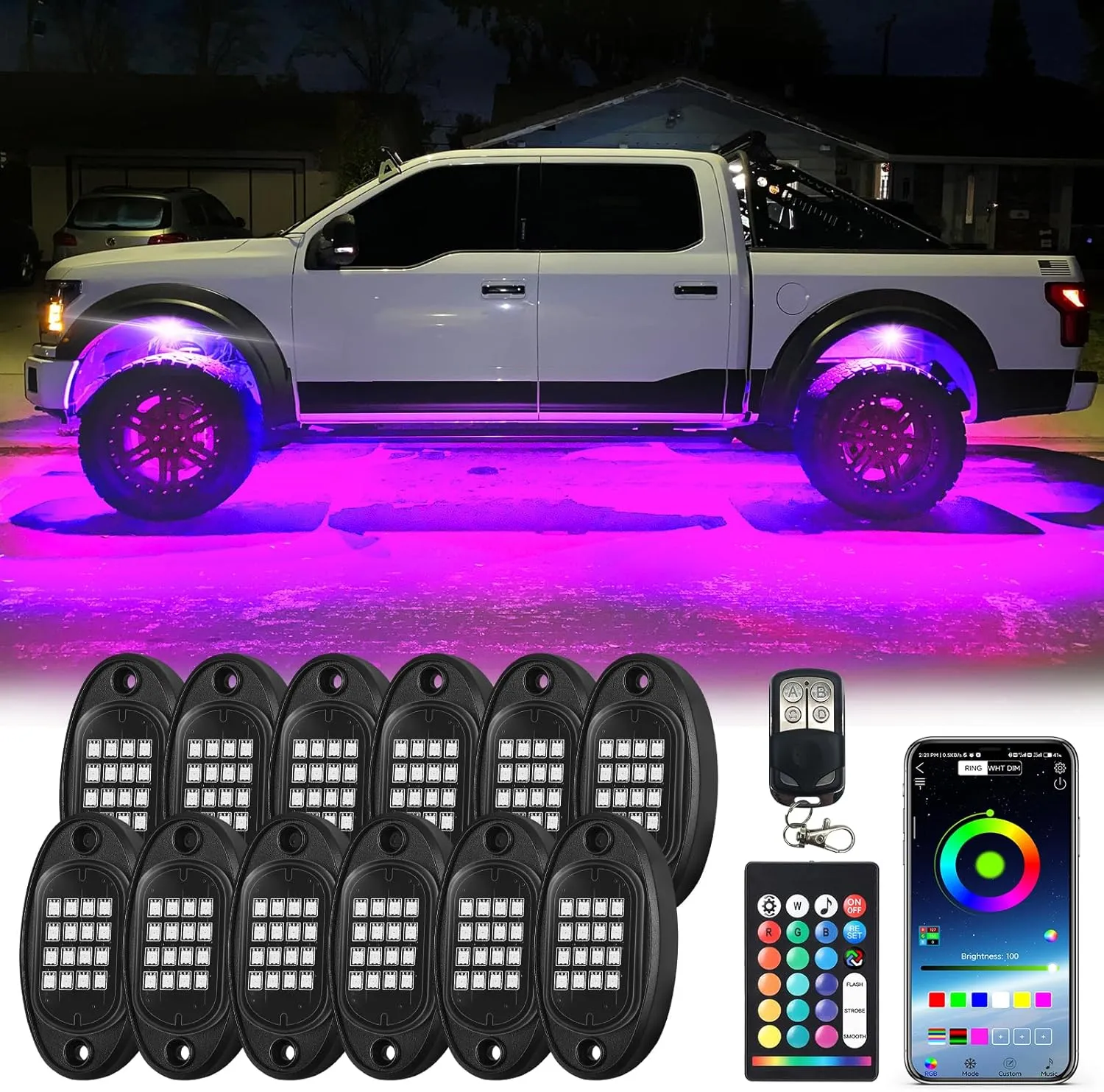12Pods Segmented RGB LED Rock Light Kit With APP/RF Remote Control, Upgraded Underglow Multi Zone Neon Underbody Multi Color 12V Waterproof for Trucks Jeep UTV ATV Golf Cart Offroad SXS