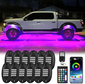 12Pods Segmented RGB LED Rock Light Kit With APP/RF Remote Control, Upgraded Underglow Multi Zone Neon Underbody Multi Color 12V Waterproof for Trucks Jeep UTV ATV Golf Cart Offroad SXS