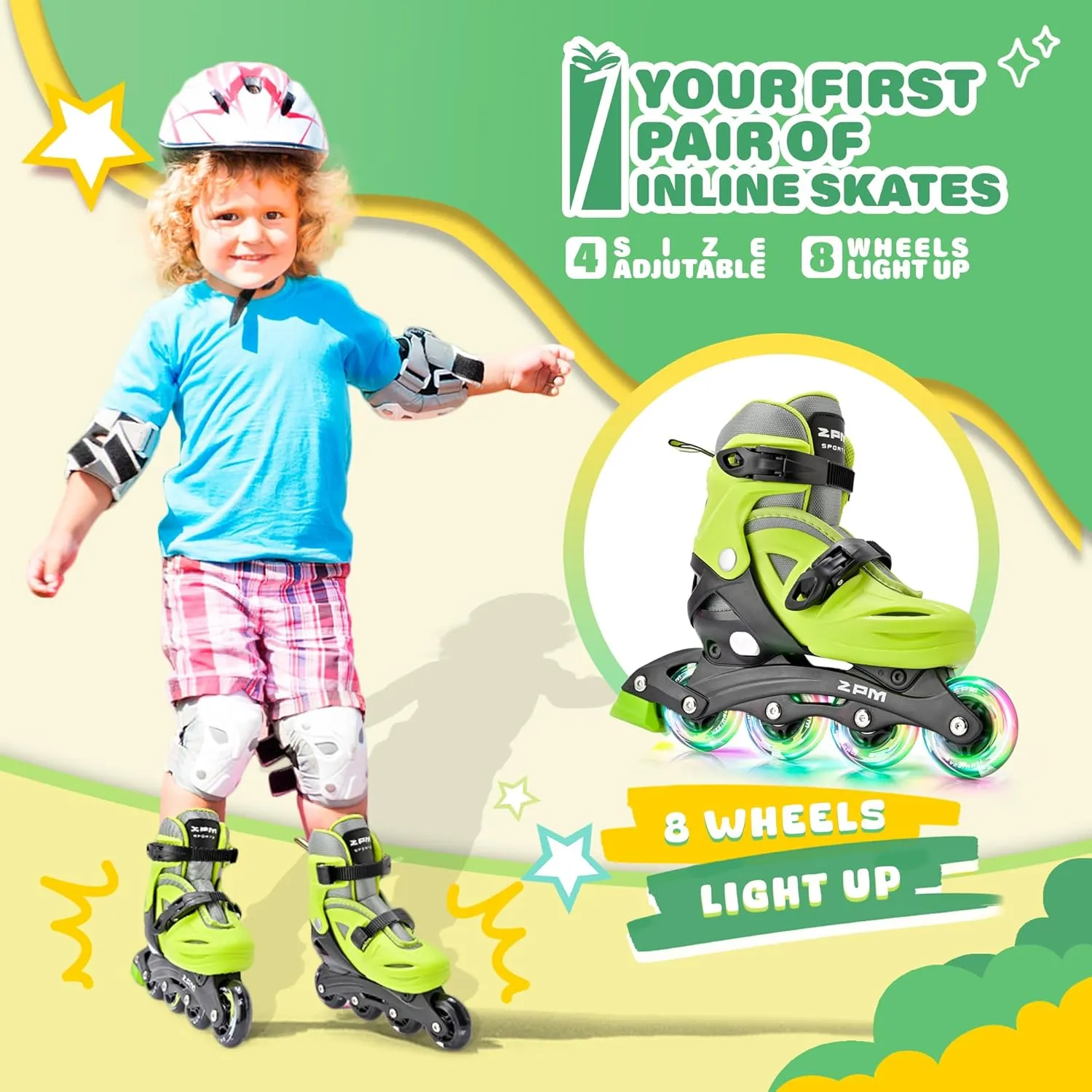 2PM SPORTS Inline Skates with Light Up Wheels, Roller Skates Blades for Boys Girls Kids Ages 5-8 8-12 4-6 6-12, Size Adjustable Beginner Blades Roller Skates for Youth Women Beginner Friendly