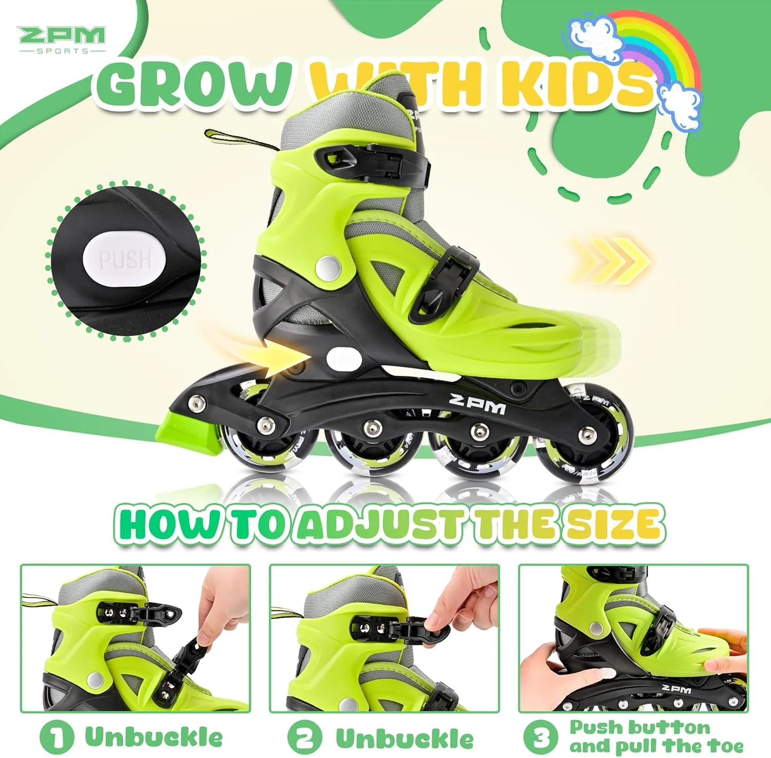 2PM SPORTS Inline Skates with Light Up Wheels, Roller Skates Blades for Boys Girls Kids Ages 5-8 8-12 4-6 6-12, Size Adjustable Beginner Blades Roller Skates for Youth Women Beginner Friendly