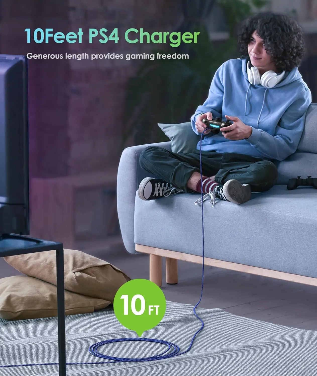 6amLifestyle PS4 Charger Cable, 10ft 2 Pack Micro USB Cable, Nylon Braided Cord, for PS4 Slim/Pro, Xbox One S/X Controller, Micro Ports Accessories Kit, Blue