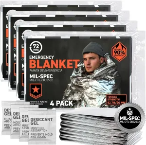 72 HRS MIL-SPEC Emergency Space Blankets Mylar Survival Thermal Blankets for Camping, Hiking, Marathon, First Aid, Extreme Weather, Shelter (4-Pack)