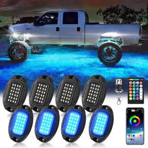 8Pods Metal RGB LED Rock Lights with APP/RF Remote Control, Multicolor Waterproof Vehicle Underglow Lights with Dual Zone Music Mode Underbody Light 12V for Truck Jeep Golf Cart Offroad Pickup UTV ATV