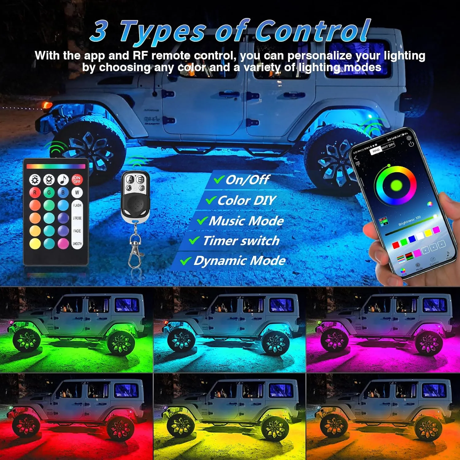 8Pods Metal RGB LED Rock Lights with APP/RF Remote Control, Multicolor Waterproof Vehicle Underglow Lights with Dual Zone Music Mode Underbody Light 12V for Truck Jeep Golf Cart Offroad Pickup UTV ATV