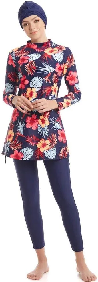 Ababalaya Fully Covered Swimsuits 3 Pieces Full Covered Burkini Swimwear with Swimming Cap