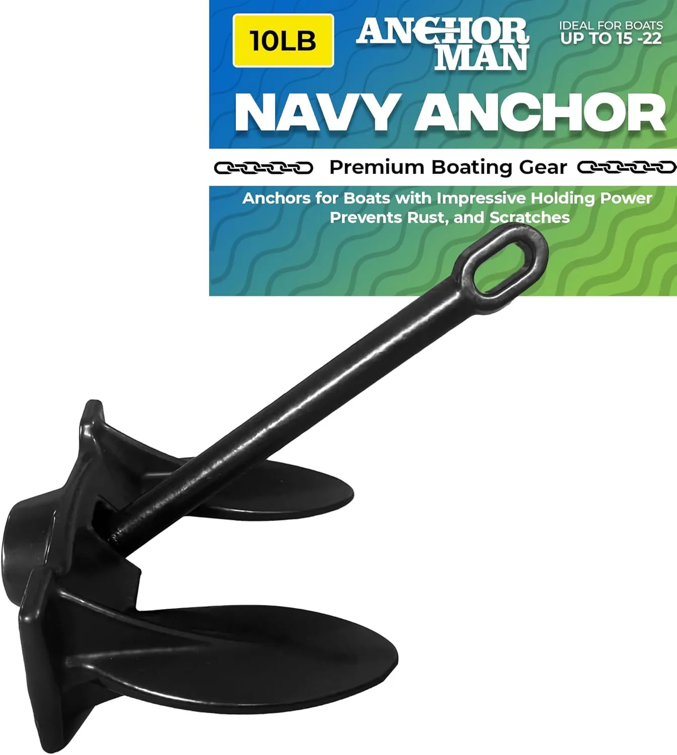 Anchor-Man Navy Anchor (10lb 15lb 20lb 30lb)  Black Vinyl Coated Naval Anchors for Boats with Impressive Holding Power - Prevents Rust, and Scratches