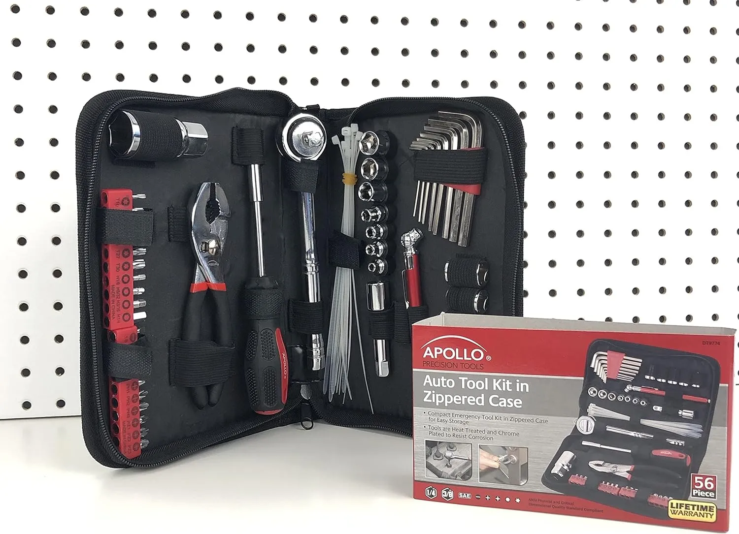 Apollo Tools 56 Piece Compact SAE Auto Tool Set in Zippered Case, Small Mechanic Tool Set for Car Emergency, Motorcycle Repair on the Road, Great for Travel Tool Needs - Red - DT9774