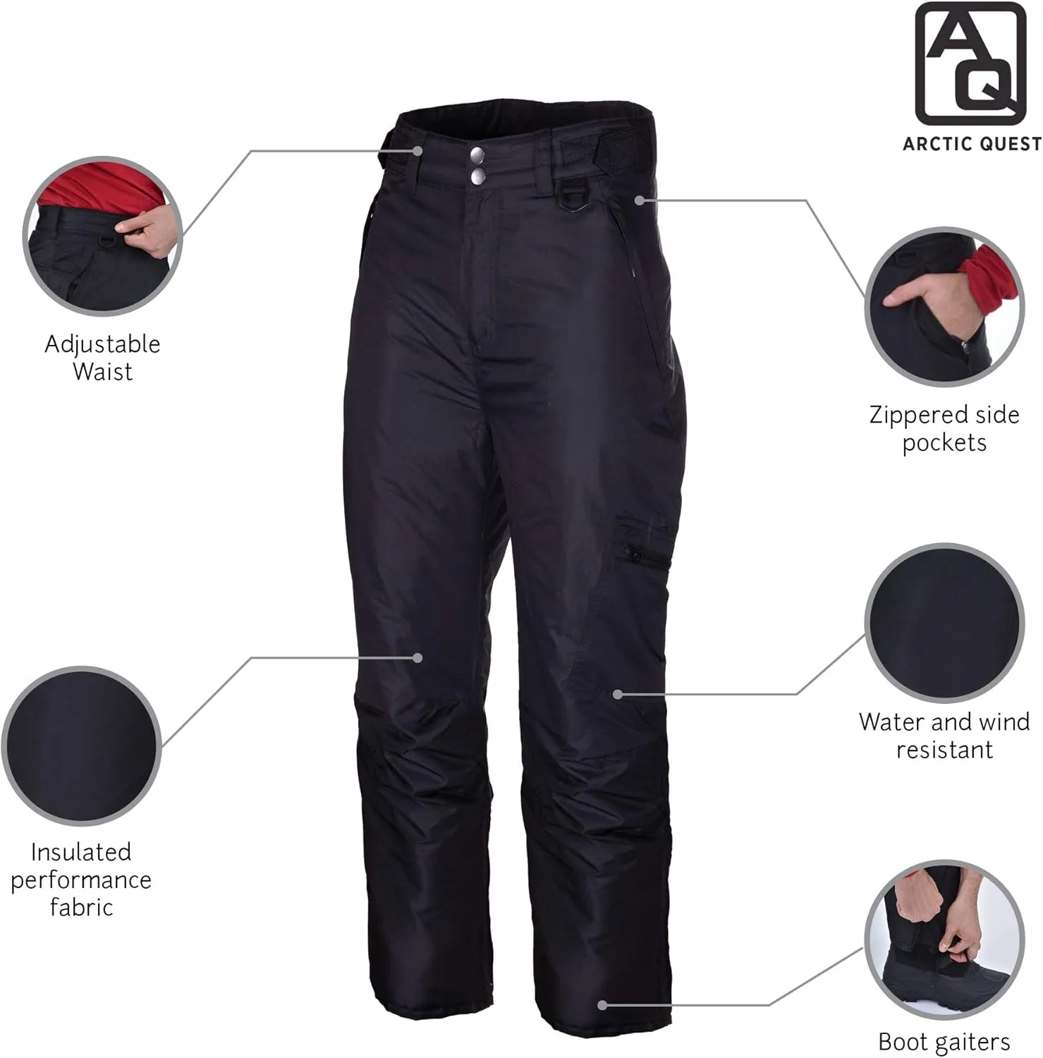 Arctic Quest Mens Snow Ski Waterproof Softshell Snowboard Pants Outdoor Hiking Zipper Bottom Windproof Warm Snow Pants