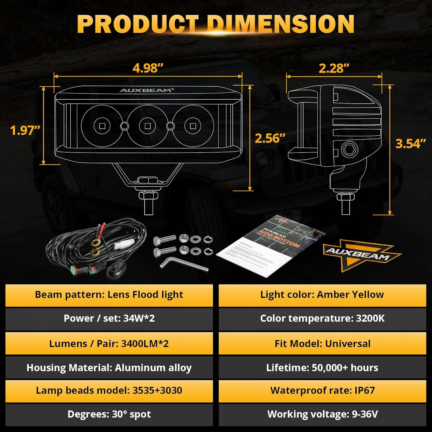 Auxbeam 5inch 68W Amber Fog Light Side Shooter LED Light Bar with Golden Yellow Spot Flood Combo Beam, Waterproof Offroad Fog Light for UTV ATV Jeep Wrangler Motor Truck Boat