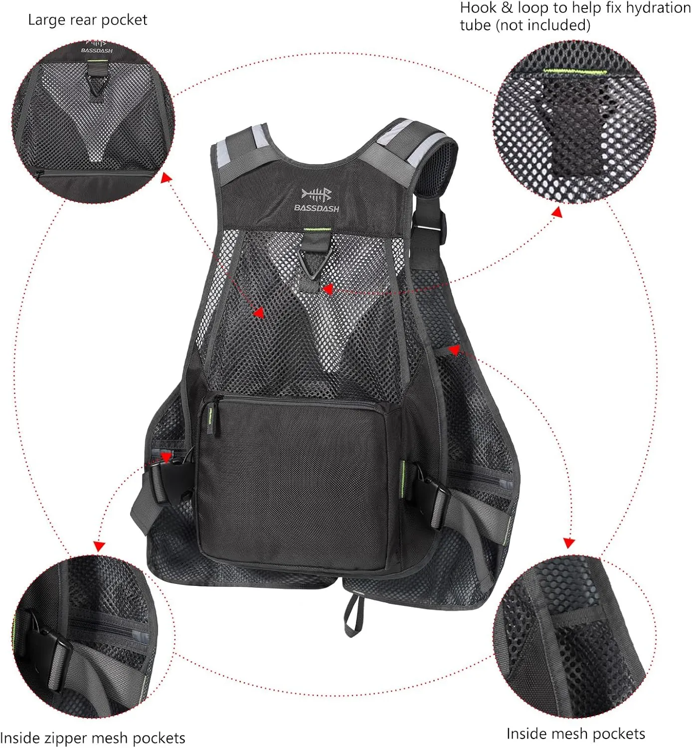 BASSDASH Strap Fishing Vest Adjustable for Men and Women, for Fly Bass Fishing and Outdoor Activities