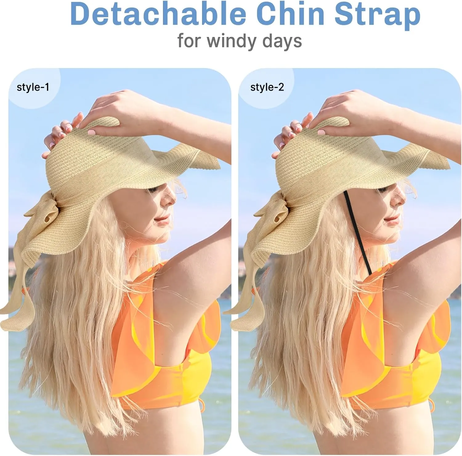 Beach Sun Straw Hats for Women, UPF 50  UV Sun Protection Wide Brim Summer Straw Hat Foldable Packable Roll up Cap