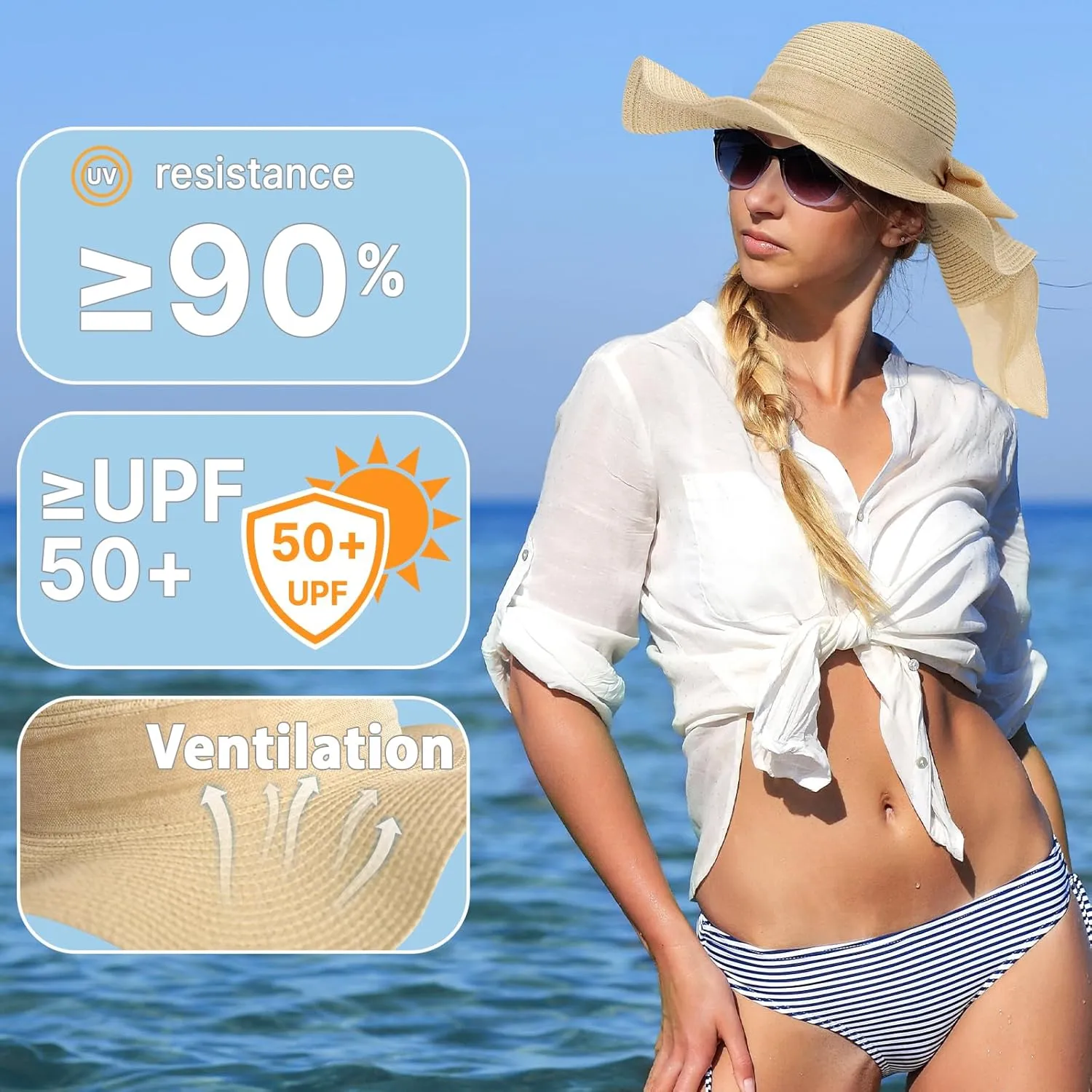 Beach Sun Straw Hats for Women, UPF 50  UV Sun Protection Wide Brim Summer Straw Hat Foldable Packable Roll up Cap