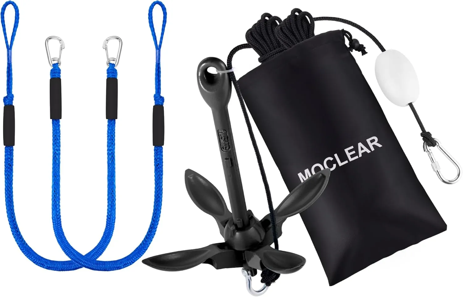 Boat Mooring & Anchoring Bundle - 4ft Heavy Duty Bungee Dock Lines (2 Pack, Blue)   Foldable Grapnel Anchor for Kayaks, Canoes, SUPs, Jet Skis, Small Boats(3.5lb, Black)