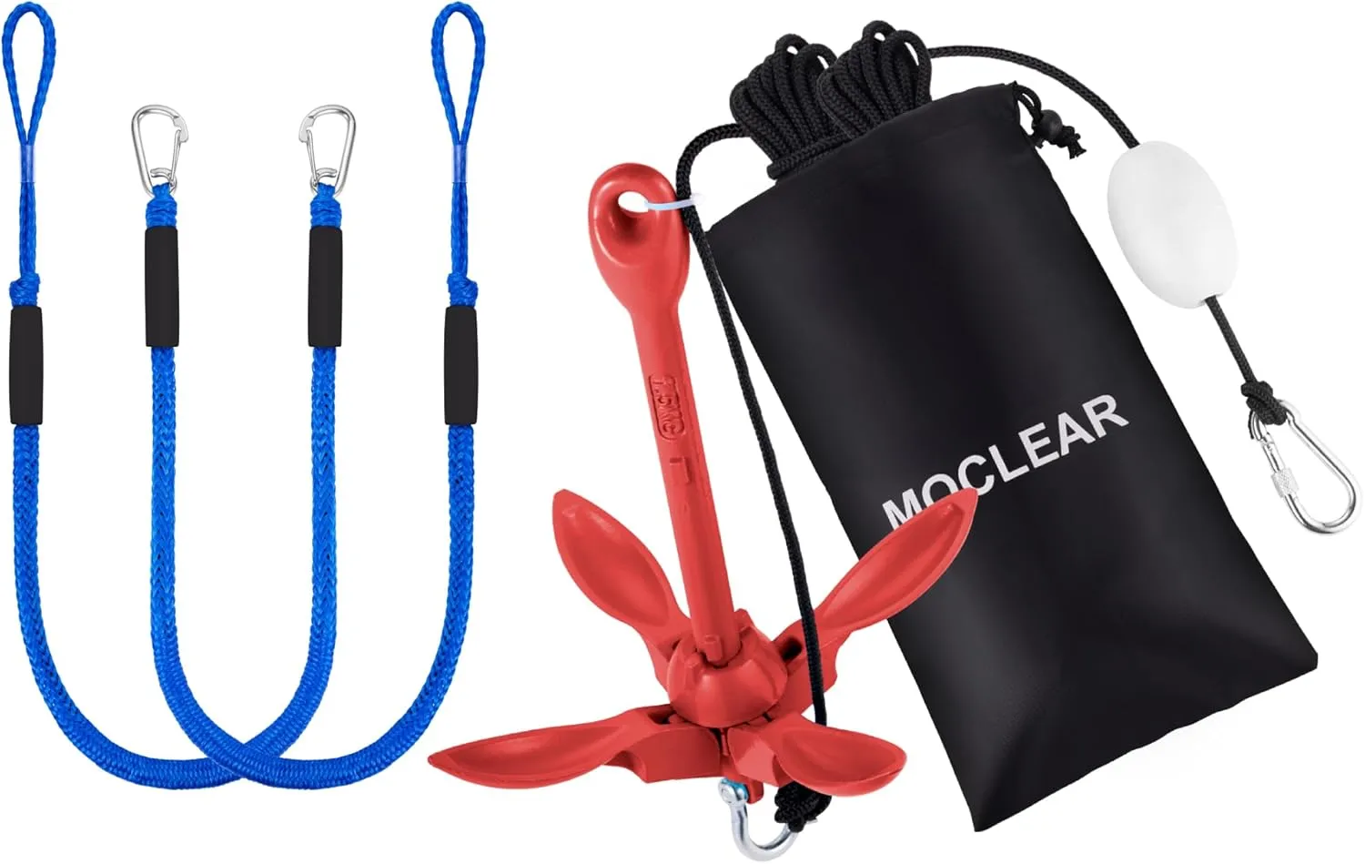Boat Mooring & Anchoring Bundle - 4ft Heavy Duty Bungee Dock Lines (2 Pack, Blue)   Foldable Grapnel Anchor for Kayaks, Canoes, SUPs, Jet Skis, Small Boats(3.5lb, Red)