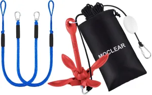 Boat Mooring & Anchoring Bundle - 4ft Heavy Duty Bungee Dock Lines (2 Pack, Blue)   Foldable Grapnel Anchor for Kayaks, Canoes, SUPs, Jet Skis, Small Boats(3.5lb, Red)