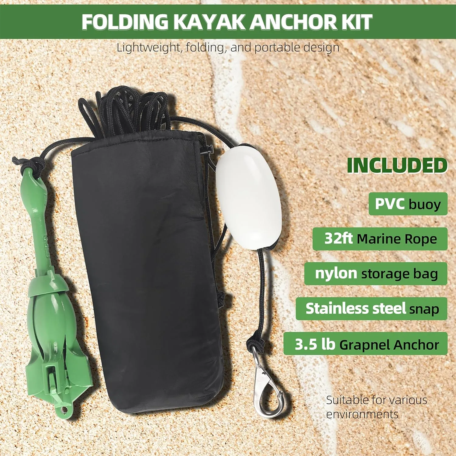 CALPALMY Folding Anchor with Rope Kit, 3.5lbs Versatile Grapnel Anchor for Inflatables Kayaks SUP Small Boats Skiffs and Canoes Trips, 32ft Marine Rope with Marker Buoy
