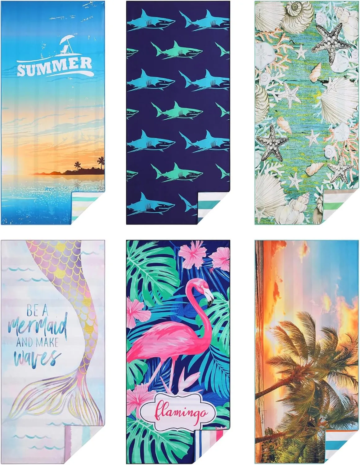 Casa Platino Beach Towels 6 Pack  Large 71"x32" Sand Free Microfiber Towel, Quick Dry and Lightweight, Double-Sided Printed Beach Towel for Women, Travel, Camping & Vacation  Henley