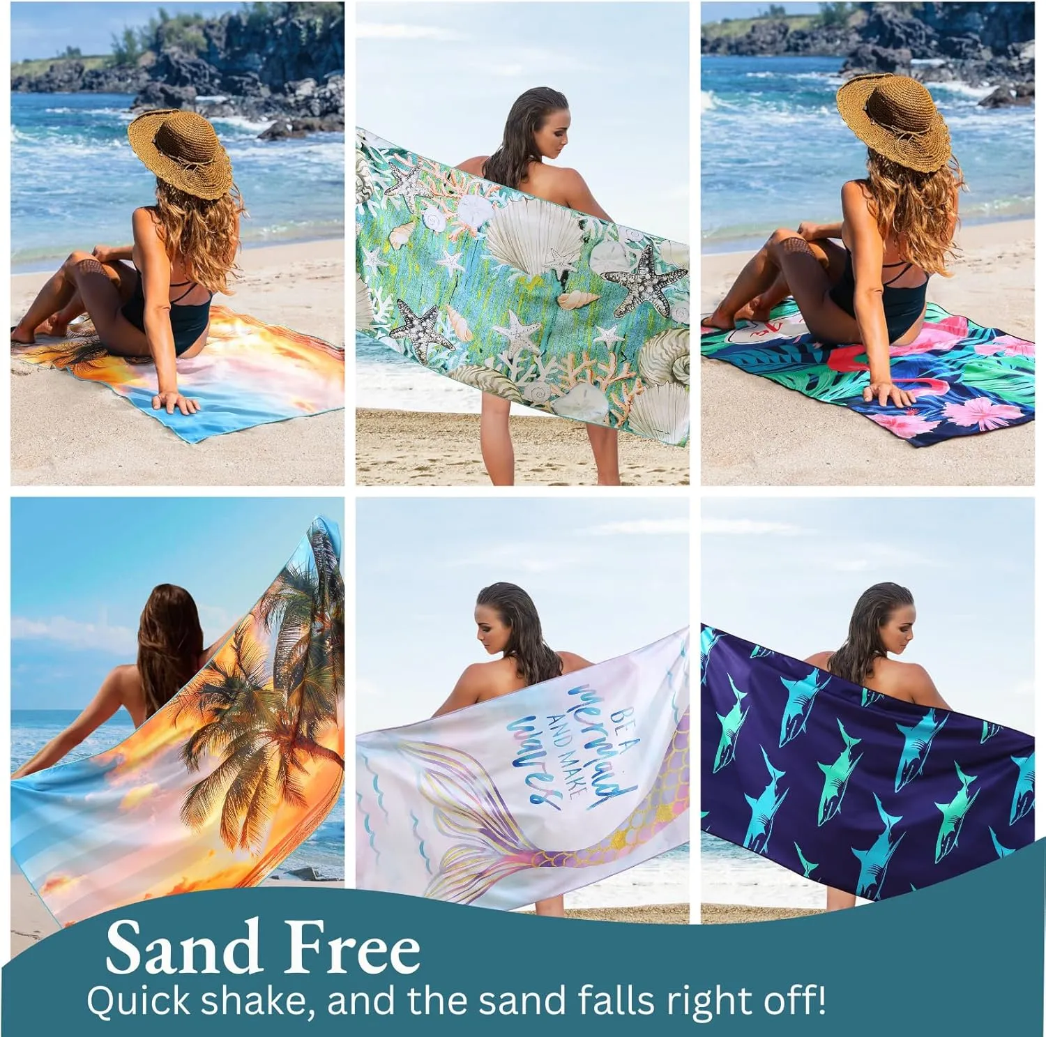Casa Platino Beach Towels 6 Pack  Large 71"x32" Sand Free Microfiber Towel, Quick Dry and Lightweight, Double-Sided Printed Beach Towel for Women, Travel, Camping & Vacation  Henley