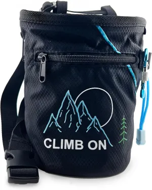 Climb On Chalk Bag for Rock Climbing, Bouldering, Top Rope | Includes Carabiner, Adjustable Belt, 2 Zippered Pockets, Wide Opening