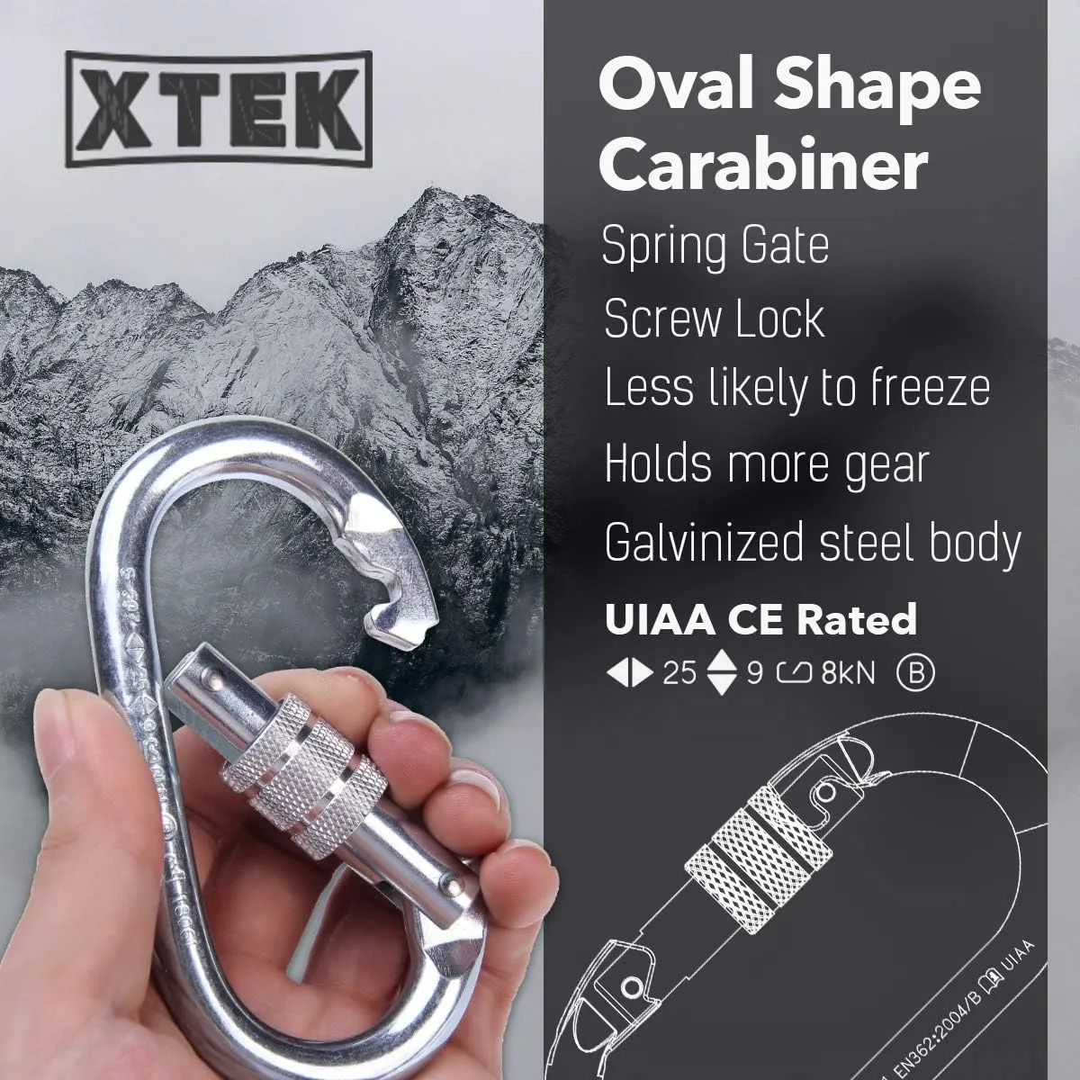 Climbing Carabiner  UIAA CE Rated 25kN/5620LB  Heavy Duty Twist Locking Carabiner Clip - Industrial Strength Large Steel Oval Carabiners - Rock Climbing Caribeener Clips for Rigging, Ropes