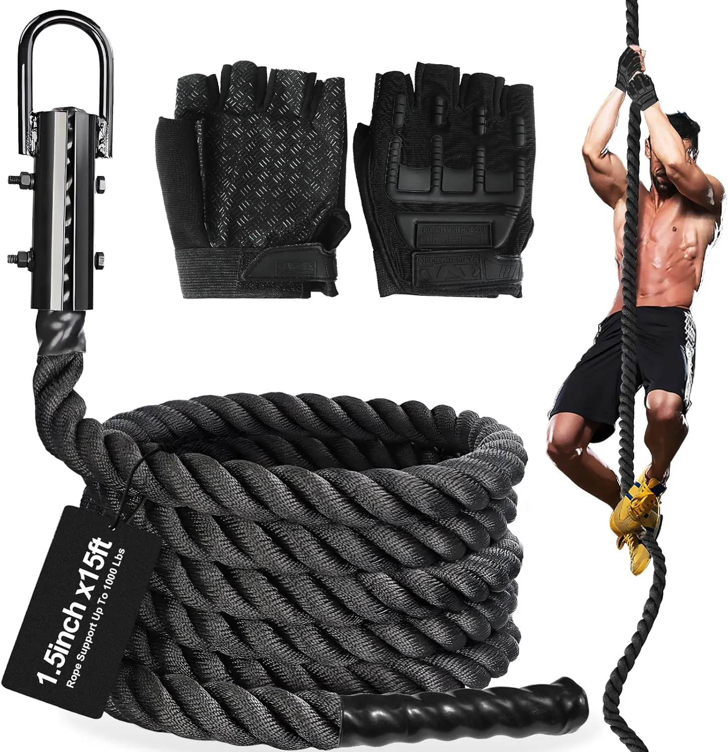 Climbing Rope 1.5 Inch Diameter 10/15 / 20/30 Feet Length Gym Climbing Rope for Workout Fitness & Strength Training, Gym Rope, Exercise Climbing Rope in Black for Adults Outdoor & Indoor