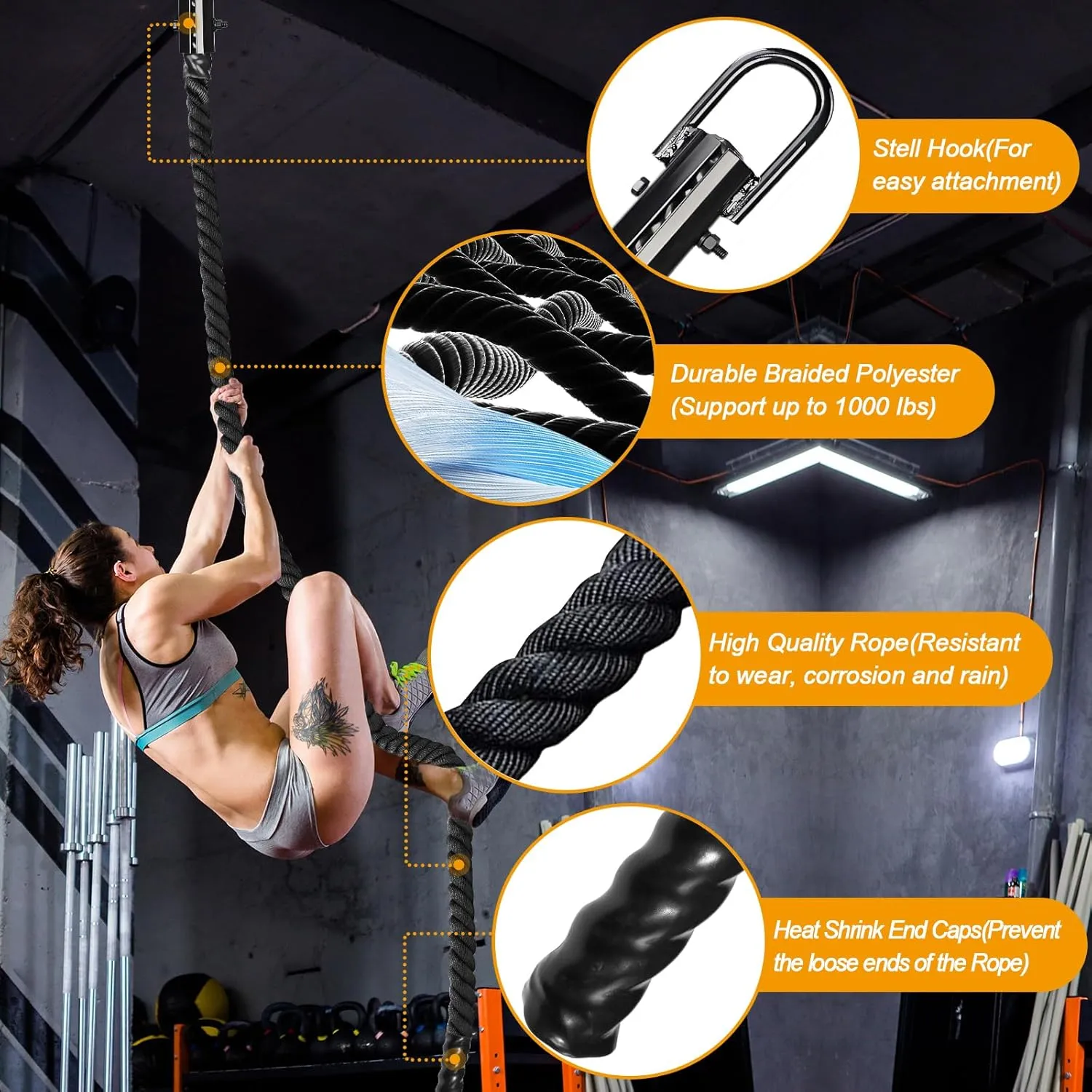 Climbing Rope 1.5 Inch Diameter 10/15 / 20/30 Feet Length Gym Climbing Rope for Workout Fitness & Strength Training, Gym Rope, Exercise Climbing Rope in Black for Adults Outdoor & Indoor