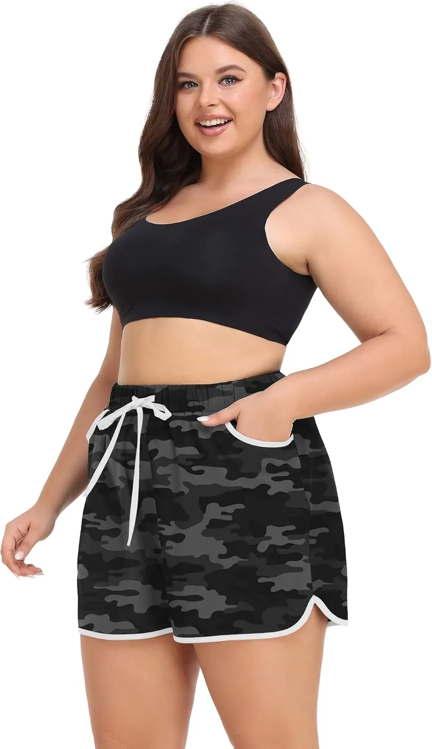 COOTRY Womens Plus Size Beach Shorts Quick Dry Drawstring Board Shorts Swim Shorts with Pockets