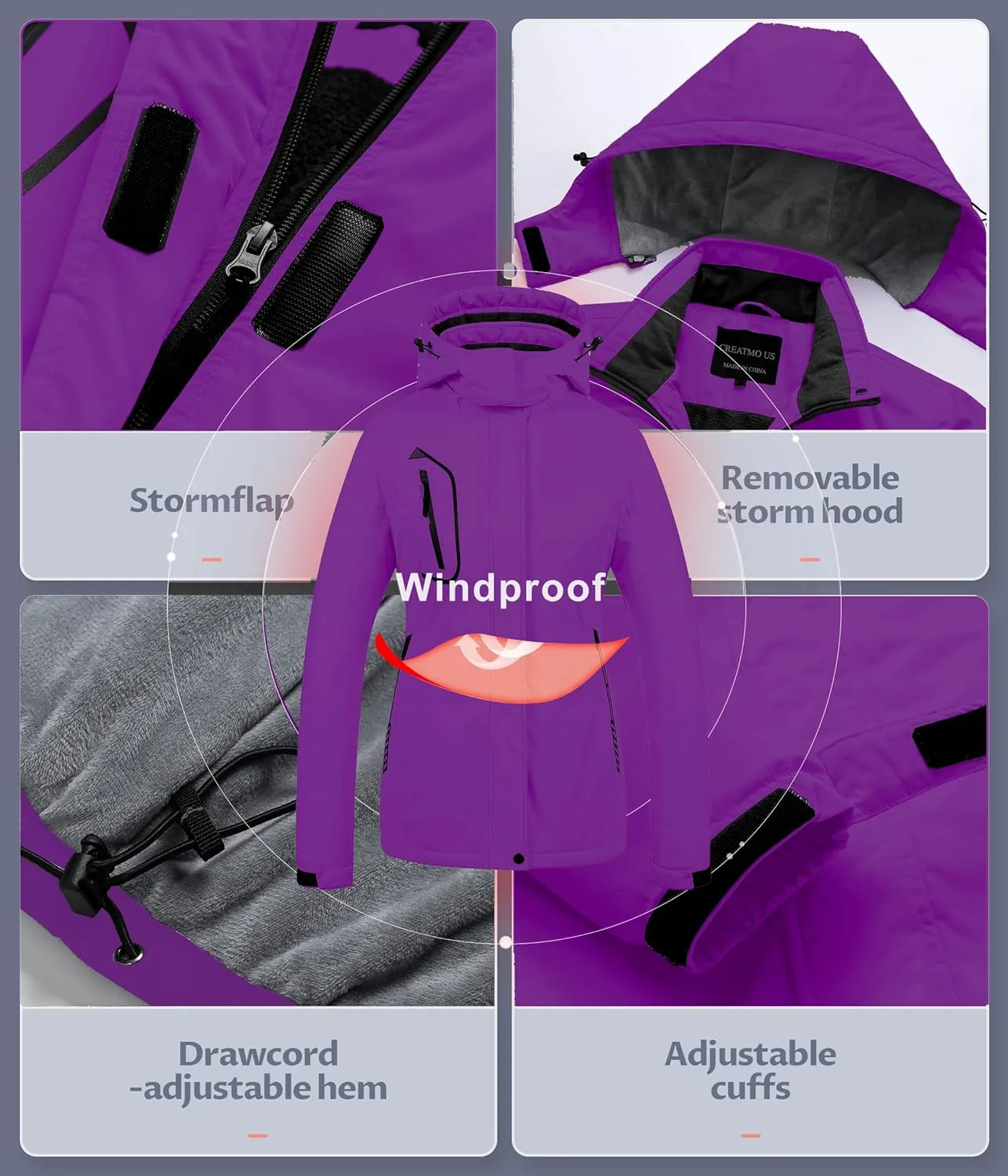 CREATMO US Women's Mountain Waterproof Ski Jacket Windproof Snowboarding Jacket Warm Winter Coat Raincoat