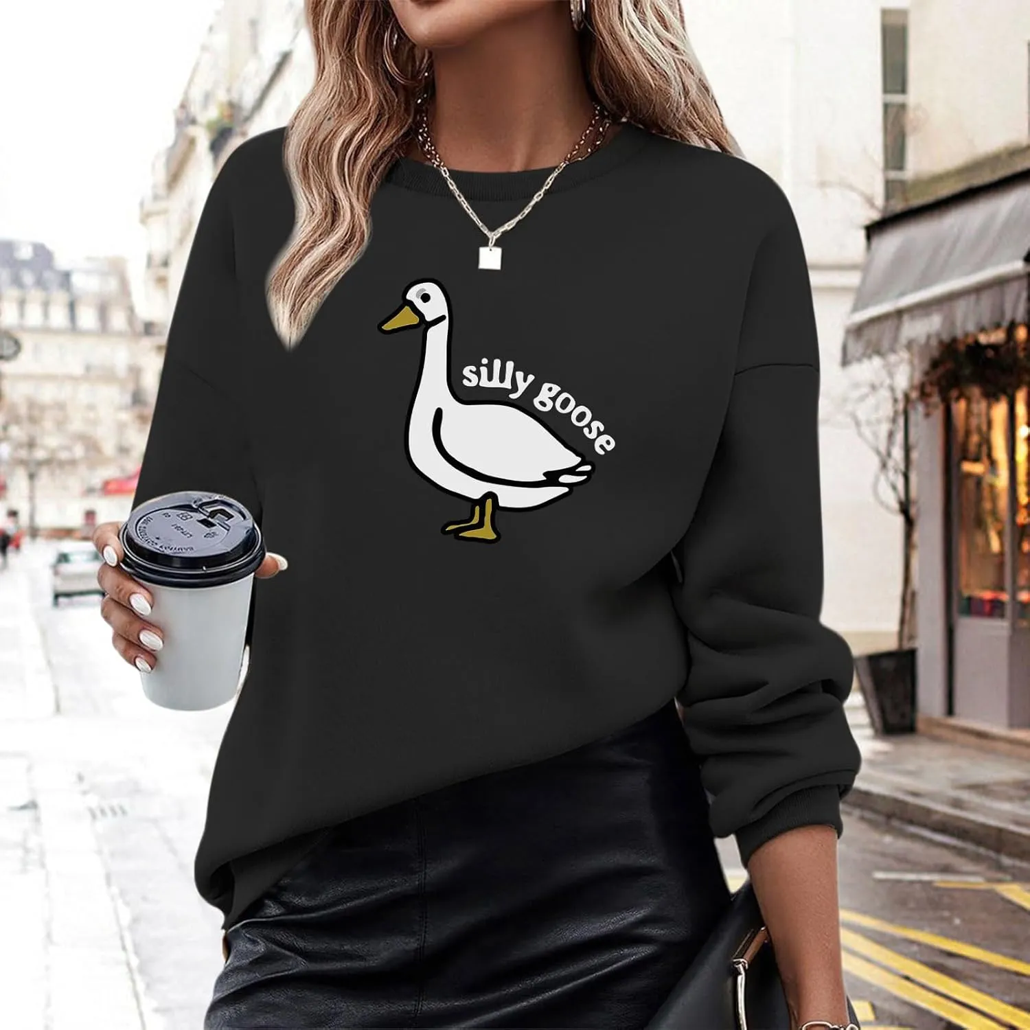 Cute Silly Goose Sweatshirt for Women Teen Girls Duck Letter Graphic Crewneck Long Sleeve Shirt Hoodie Pullover Tops