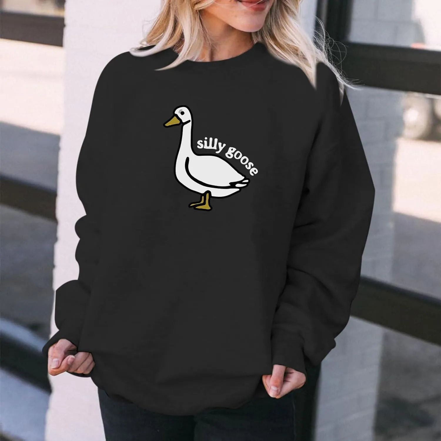 Cute Silly Goose Sweatshirt for Women Teen Girls Duck Letter Graphic Crewneck Long Sleeve Shirt Hoodie Pullover Tops