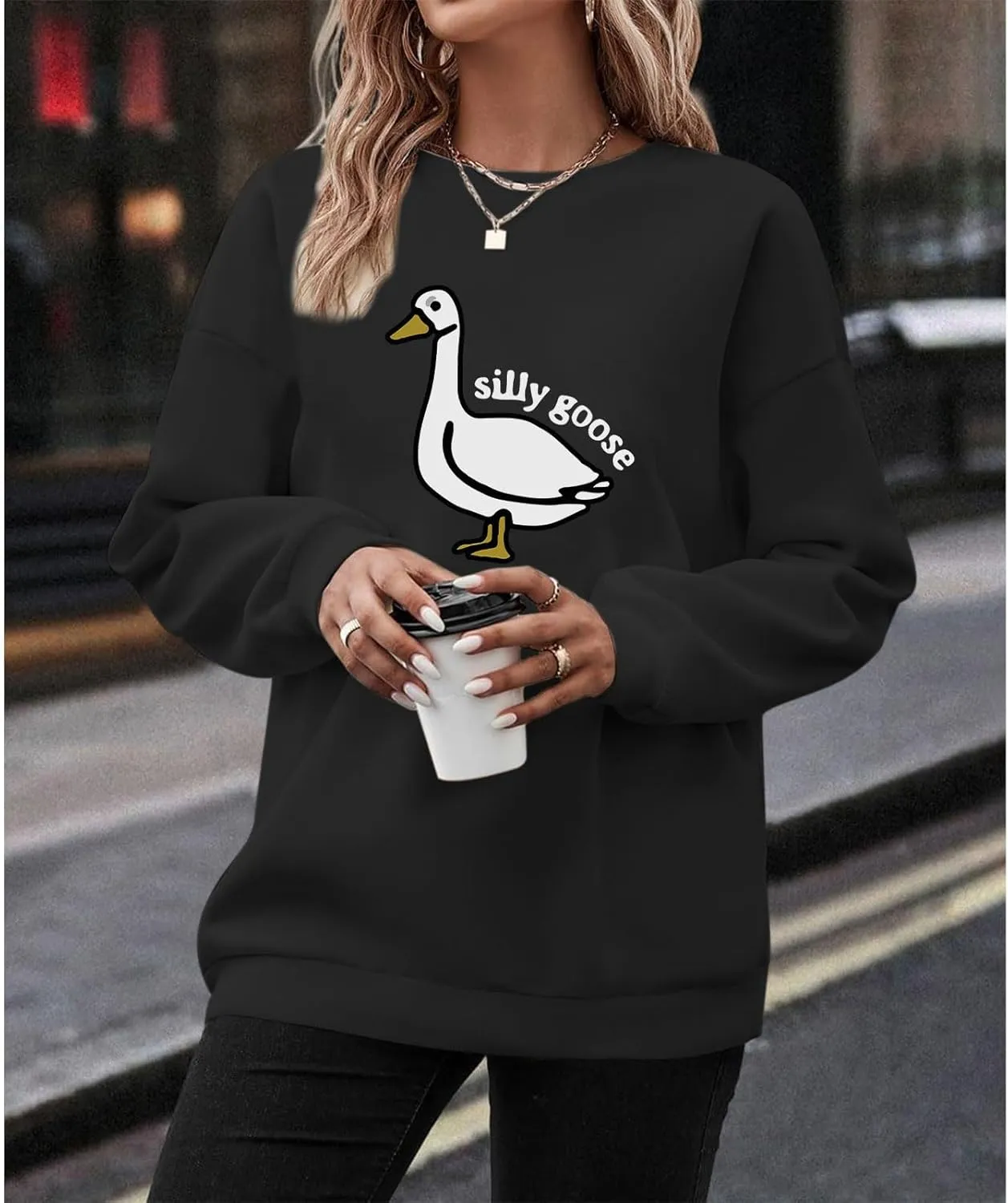 Cute Silly Goose Sweatshirt for Women Teen Girls Duck Letter Graphic Crewneck Long Sleeve Shirt Hoodie Pullover Tops