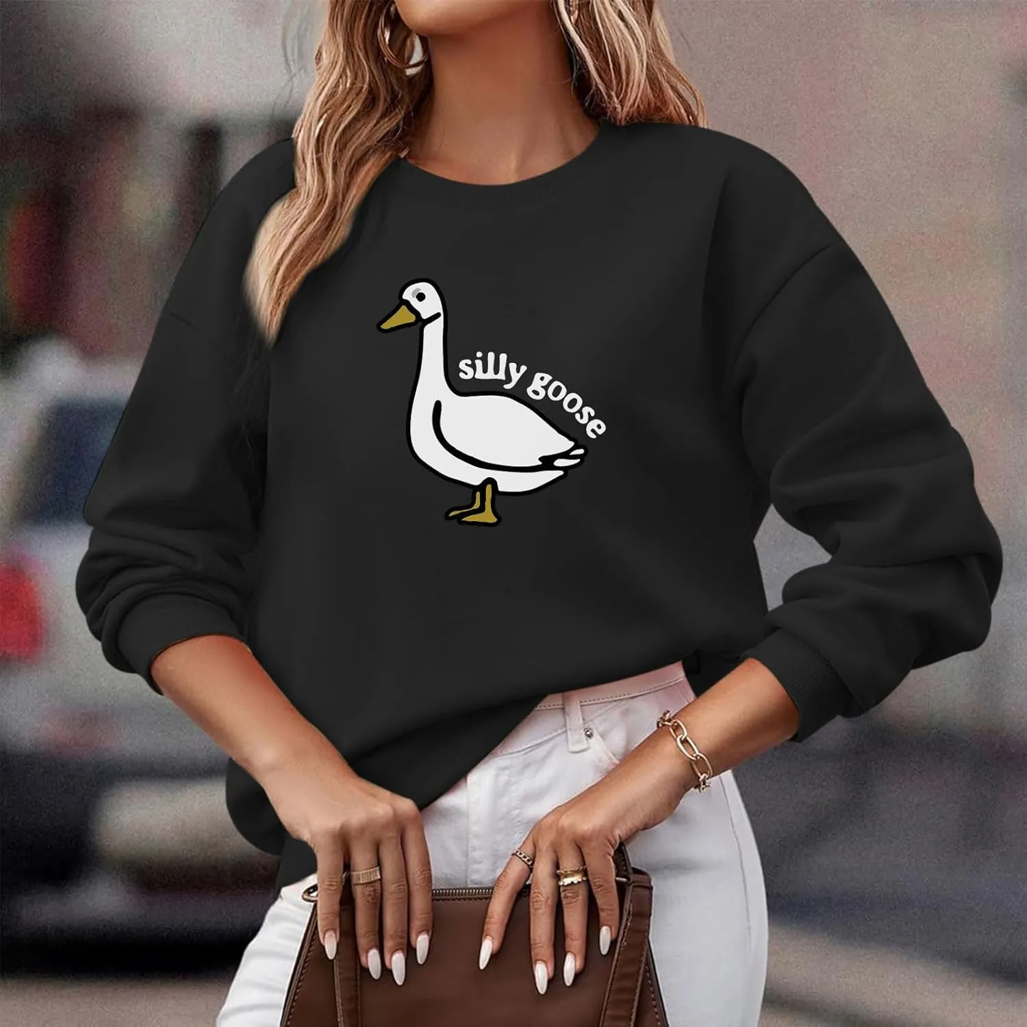 Cute Silly Goose Sweatshirt for Women Teen Girls Duck Letter Graphic Crewneck Long Sleeve Shirt Hoodie Pullover Tops