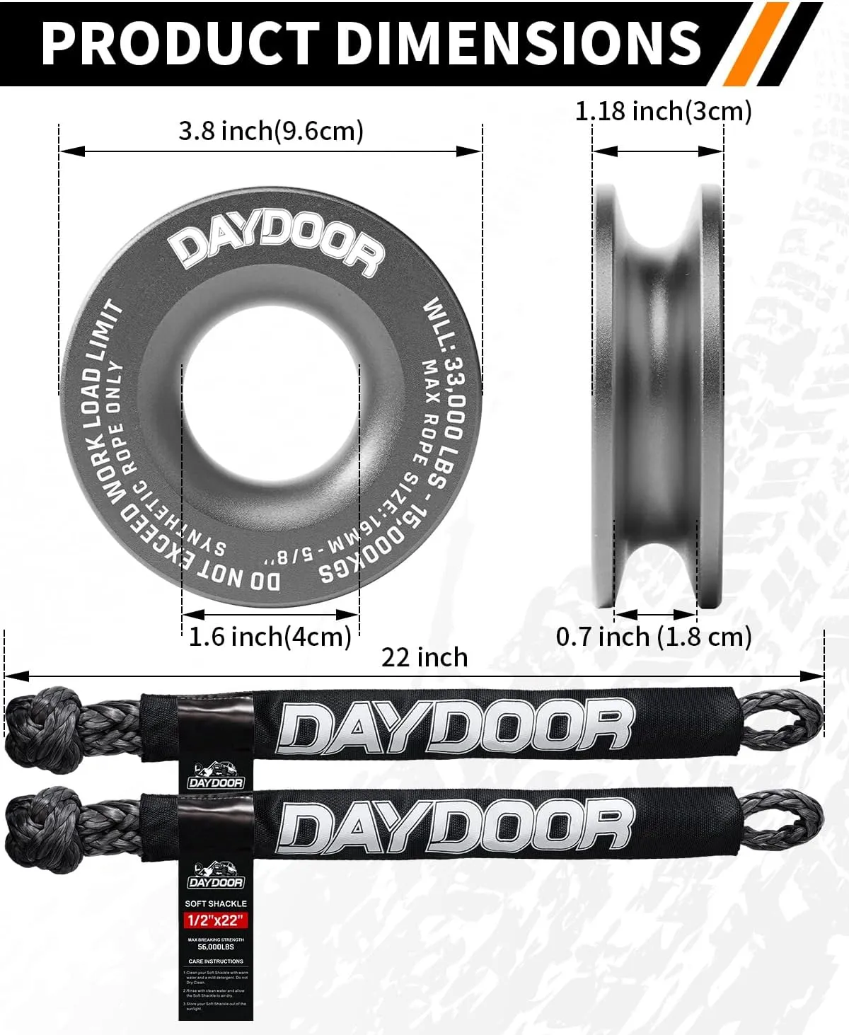 DAYDOOR Synthetic Soft Shackle & Winch Recovery Ring Kit, 2 PCS 1/2'' x 22'' Recovery Soft Shackle(56,000Lbs Breaking Strength), 1 PCS Snatch Recovery Ring for ATV UTV Off-Road Vehicles(Gray Ring)