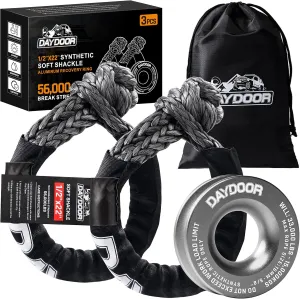 DAYDOOR Synthetic Soft Shackle & Winch Recovery Ring Kit, 2 PCS 1/2'' x 22'' Recovery Soft Shackle(56,000Lbs Breaking Strength), 1 PCS Snatch Recovery Ring for ATV UTV Off-Road Vehicles(Gray Ring)