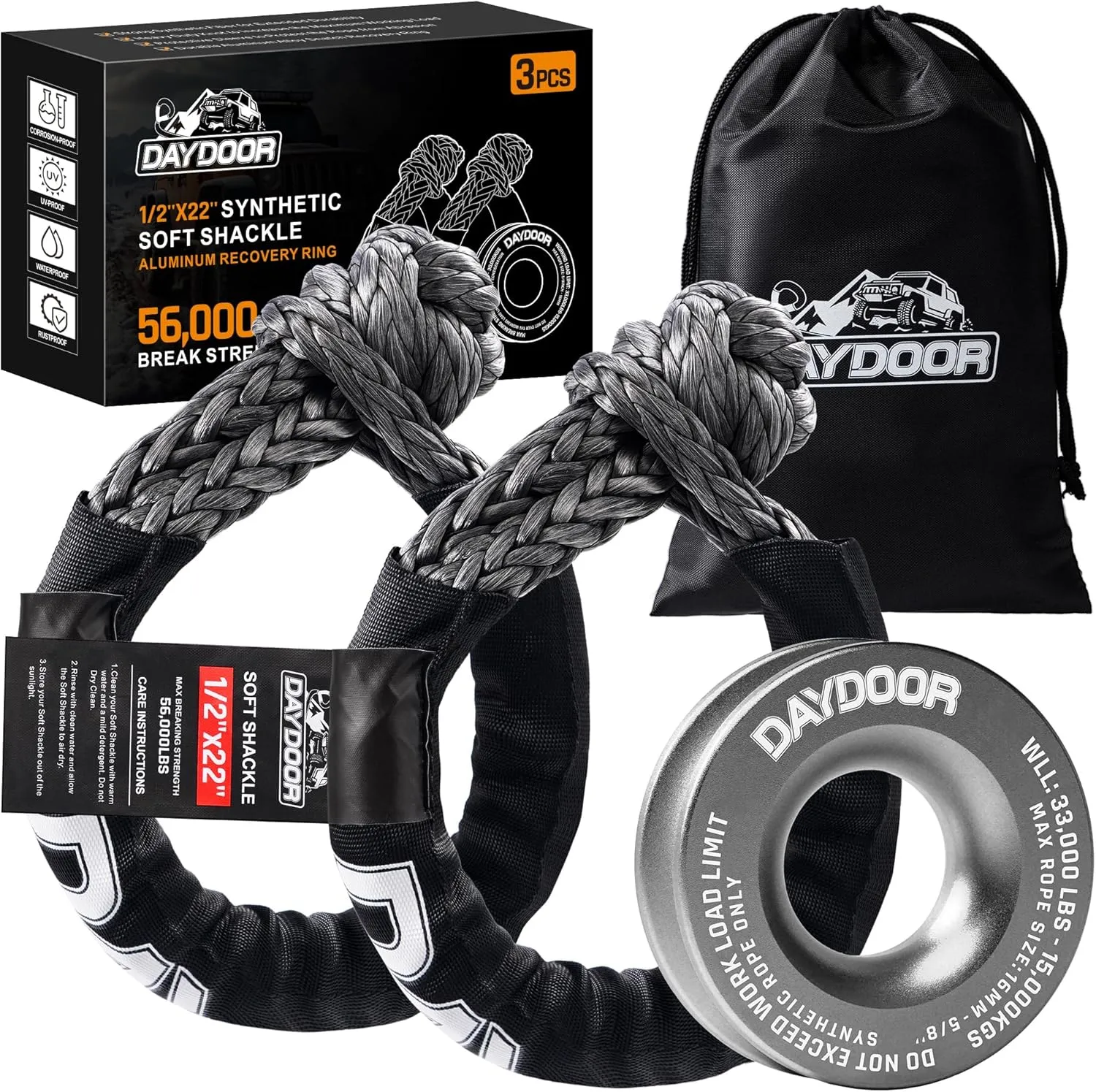 DAYDOOR Synthetic Soft Shackle & Winch Recovery Ring Kit, 2 PCS 1/2'' x 22'' Recovery Soft Shackle(56,000Lbs Breaking Strength), 1 PCS Snatch Recovery Ring for ATV UTV Off-Road Vehicles(Gray Ring)