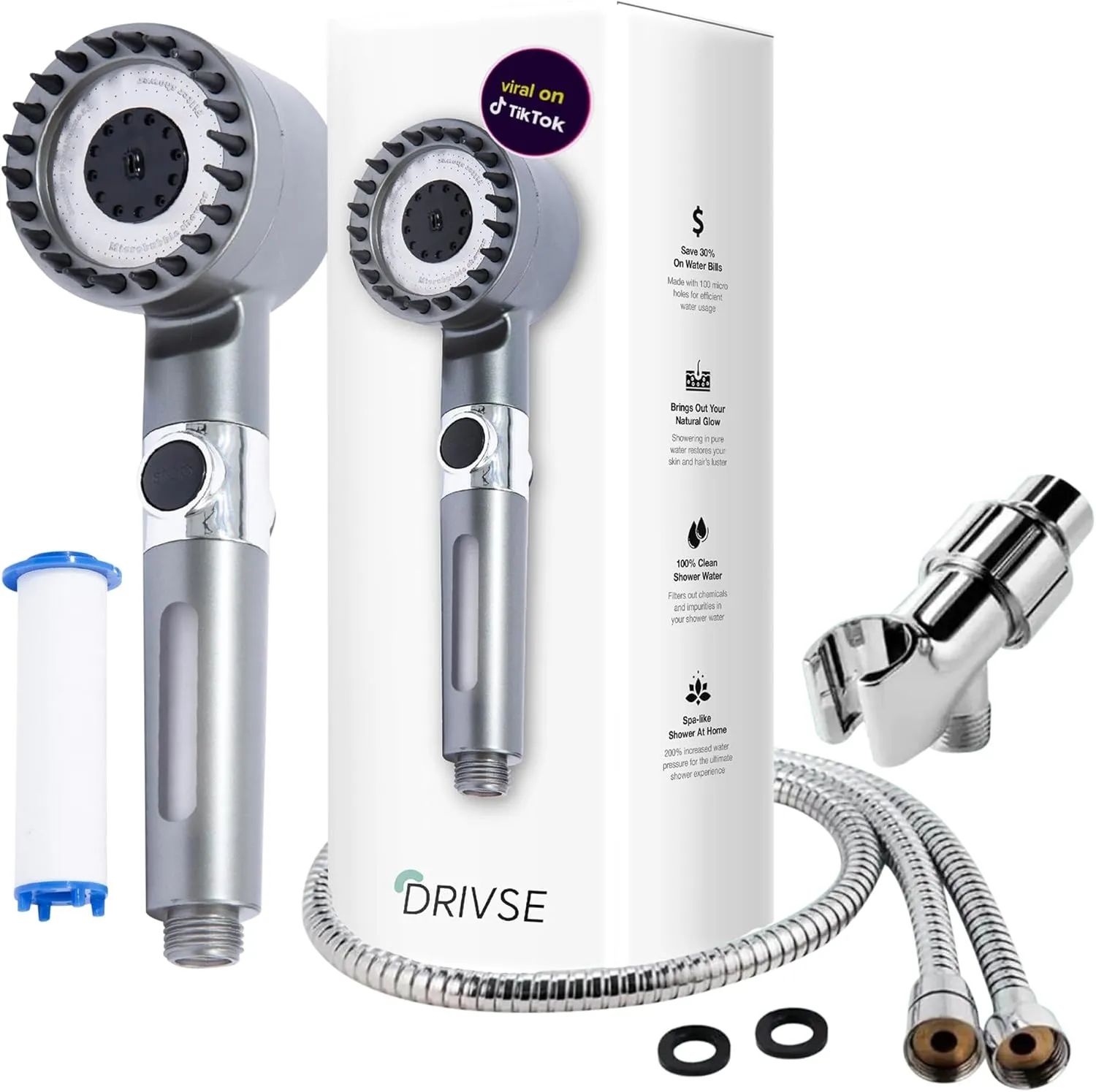 Detachable Handheld Shower Head with 1 Replacement Filter, High Pressure Hand Held Shower Wand with Long Flexible Hose Holder, Filter Heads Shower Sprayers Wand, Adjustable Bracket Showerhead