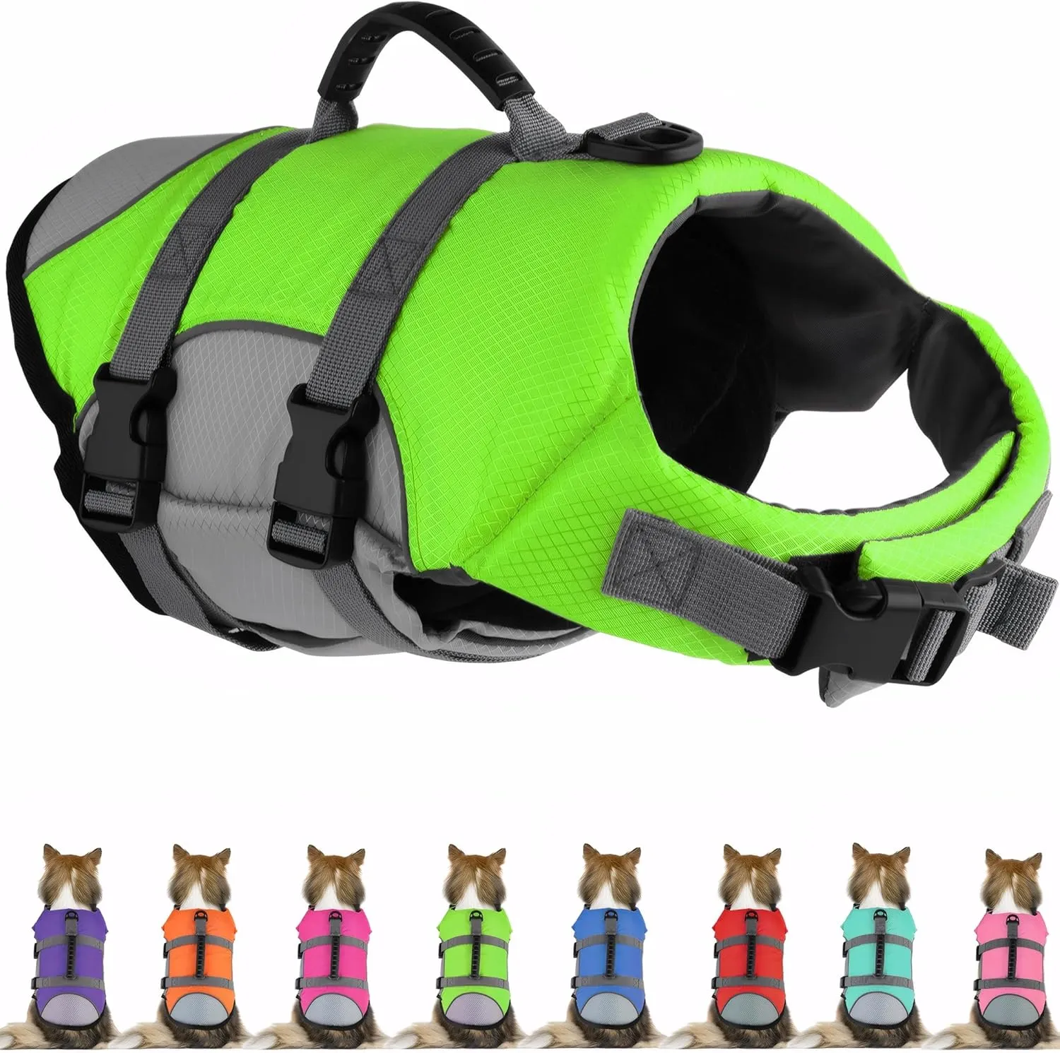 Dog Life Jacket, Reflective Adjustable Dog Life Vest with Rescue Handle for Swimming and Boating, Ripstop Pet Safety Life Preserver for Small, Medium and Large Dogs