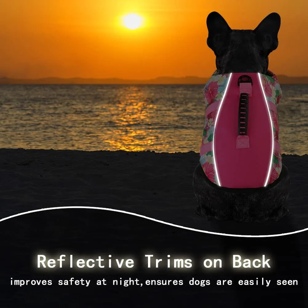 Dog Life Jacket, Reflective & Adjustable, Hawaiian Style, for Small Medium Large Dogs, Polyester & Cotton, Floral Pink, L