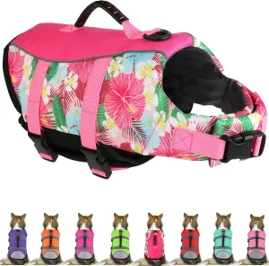 Dog Life Jacket, Reflective & Adjustable, Hawaiian Style, for Small Medium Large Dogs, Polyester & Cotton, Floral Pink, L