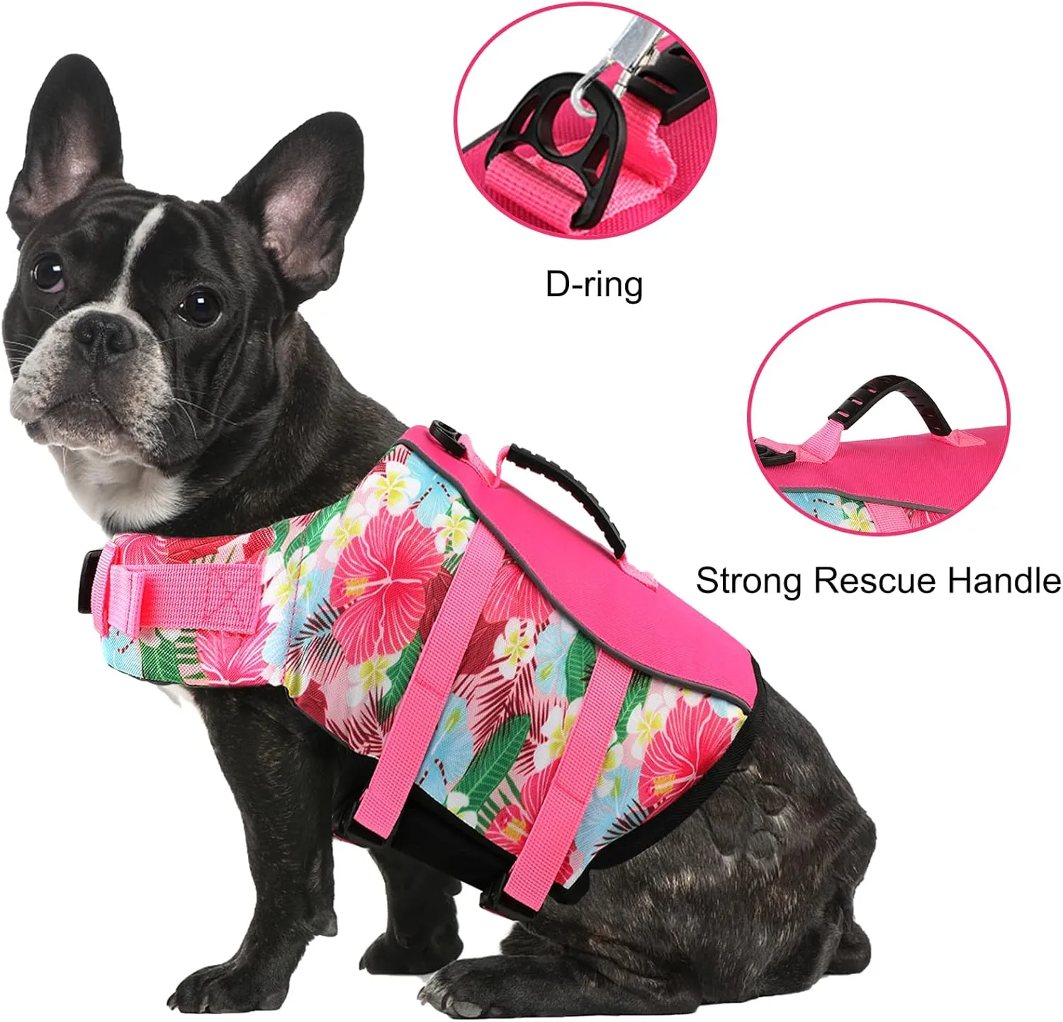 Dog Life Jacket, Reflective & Adjustable, Hawaiian Style, for Small Medium Large Dogs, Polyester & Cotton, Floral Pink, L