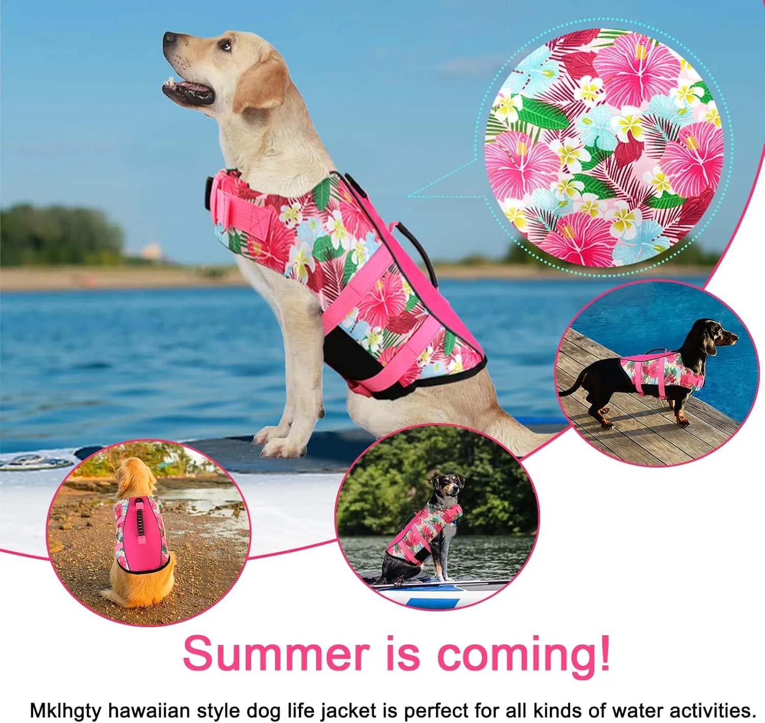 Dog Life Jacket, Reflective & Adjustable, Hawaiian Style, for Small Medium Large Dogs, Polyester & Cotton, Floral Pink, L