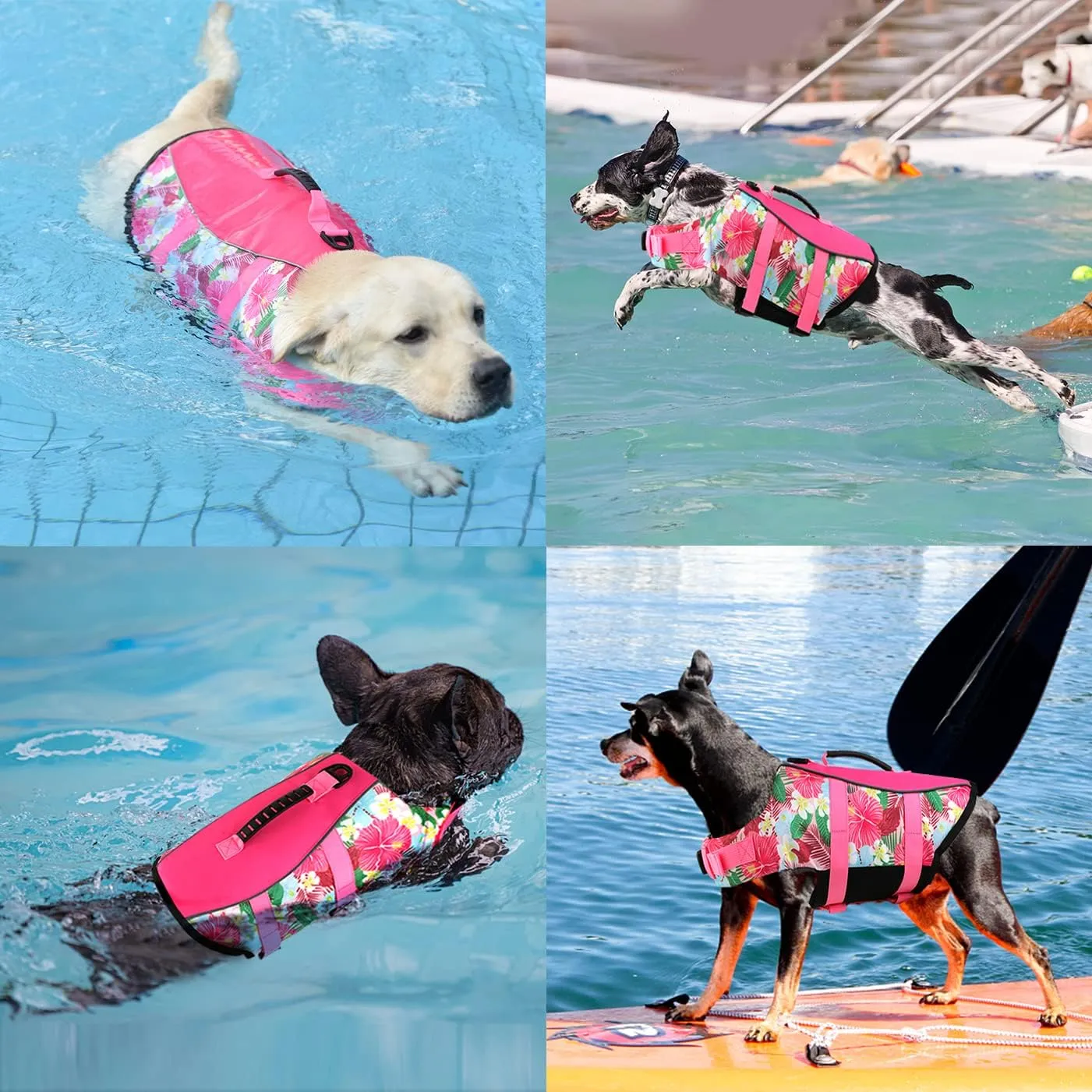 Dog Life Jacket, Reflective & Adjustable, Hawaiian Style, for Small Medium Large Dogs, Polyester & Cotton, Floral Pink, L