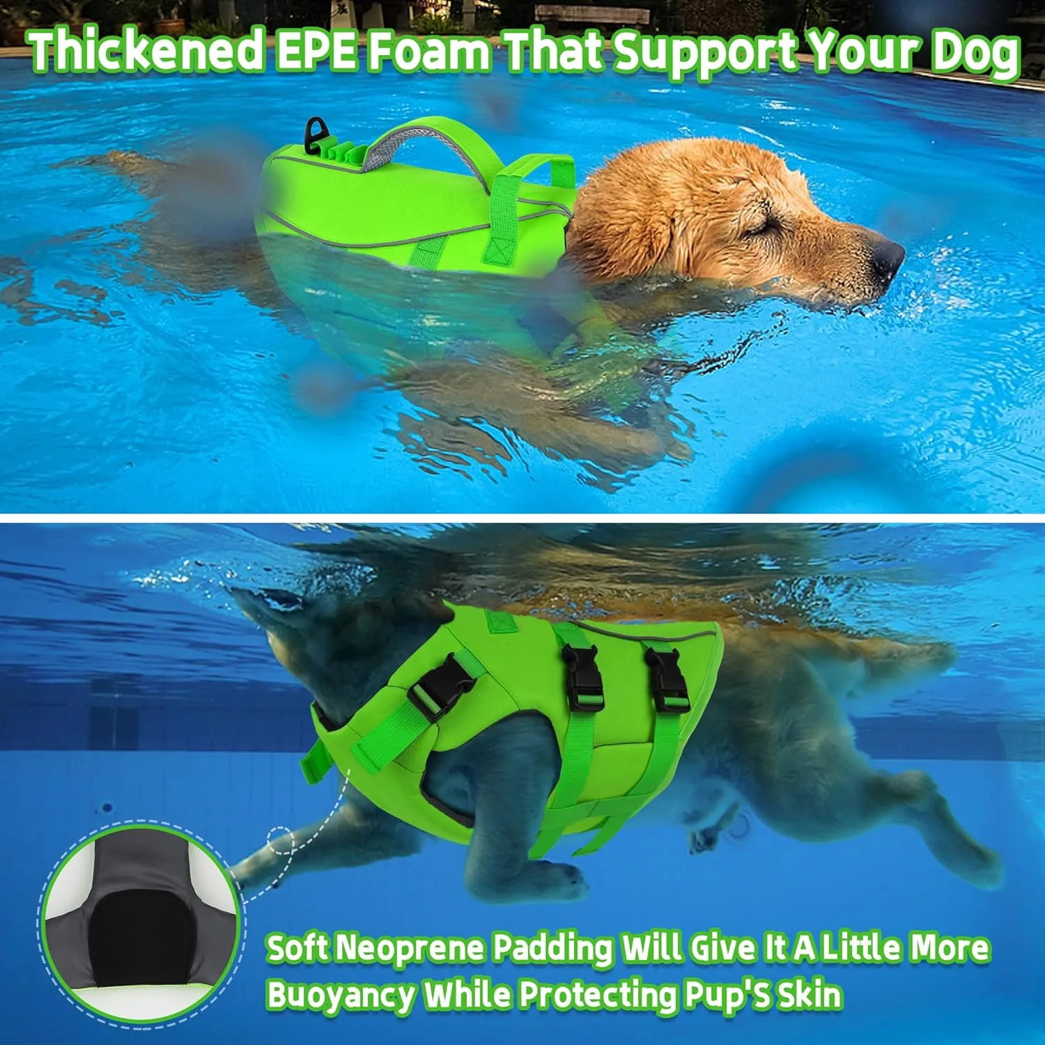 Dogcheer Dog Life Jacket with Double Rescue Handle, Reflective Dog Harness Life Vest for Swimming Boating, Adjustable Puppy Swim Jacket Pet DFD Floating Vest for Small Medium Large Dogs - Green M