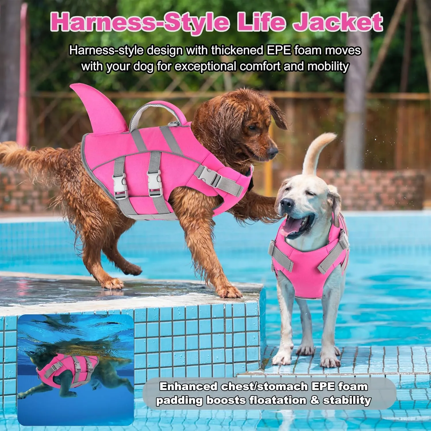 Dogcheer Shark Fin Dog Life Jacket, Adjustable Dog Harness Life Vest for Swimming Boating, Reflective Puppy Swim Vest Pet Flotation Device for Small Medium Large Dogs -Pink, XL