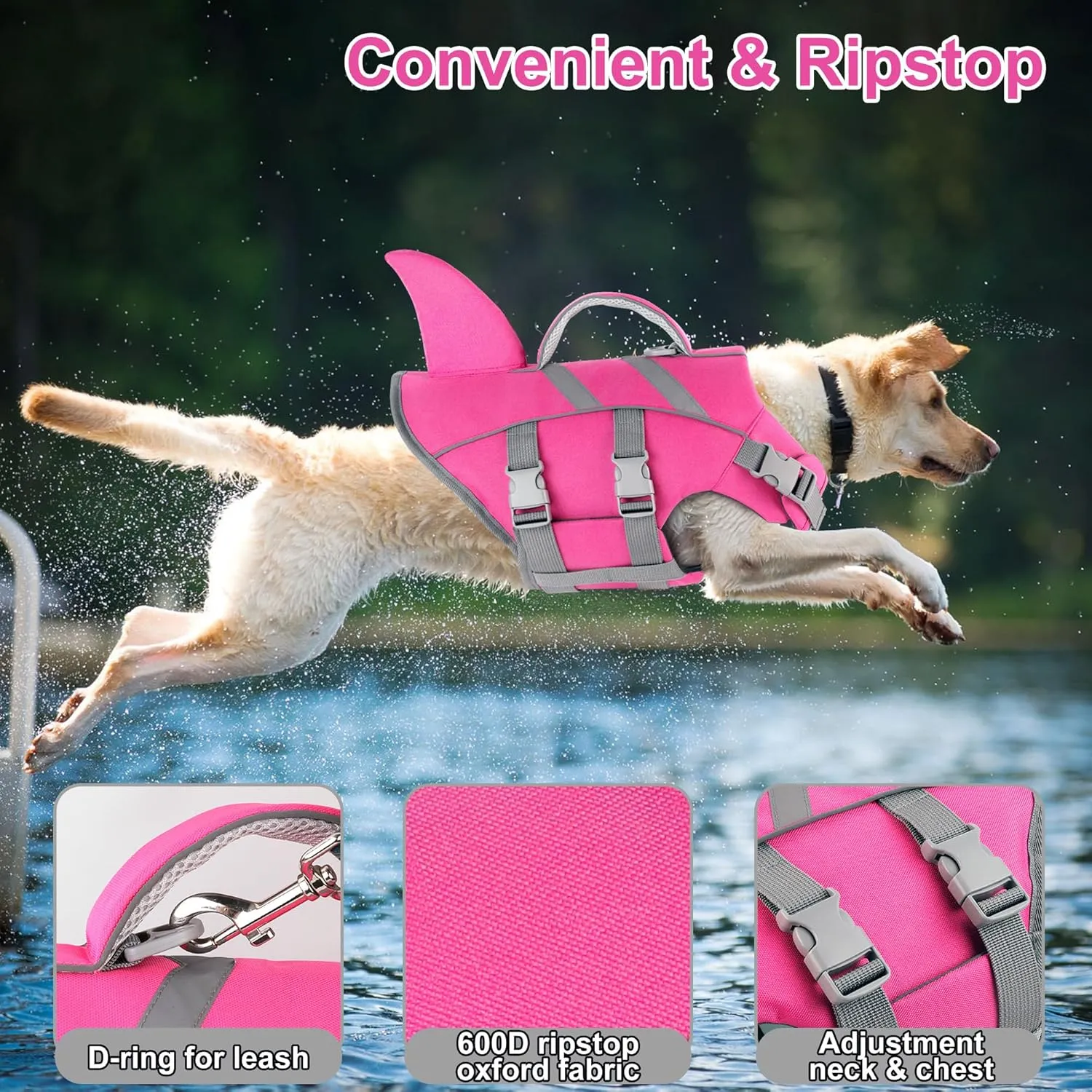 Dogcheer Shark Fin Dog Life Jacket, Adjustable Dog Harness Life Vest for Swimming Boating, Reflective Puppy Swim Vest Pet Flotation Device for Small Medium Large Dogs -Pink, XL