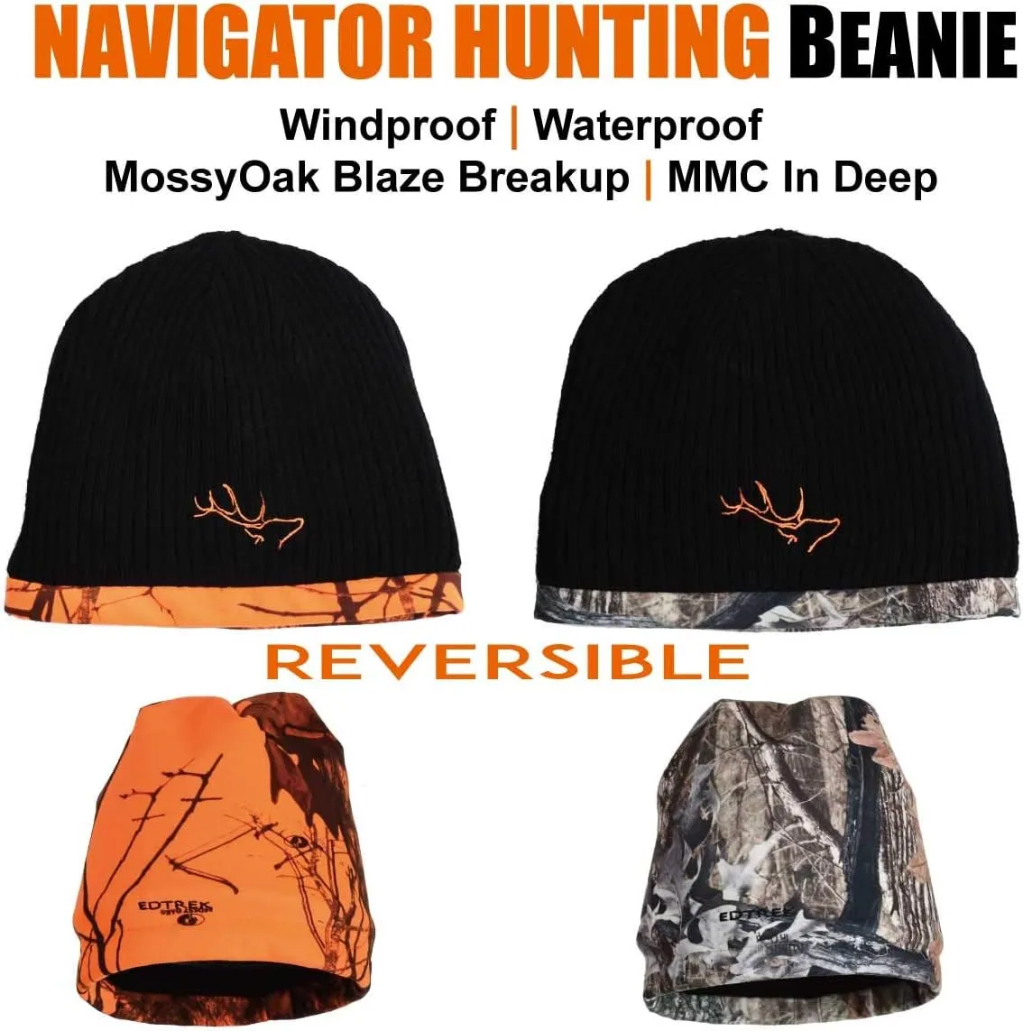 EDTREK Waterproof and Windproof Camo Beanie Hunting Hat - Timber and Blaze Orange Camo Hunter Hat