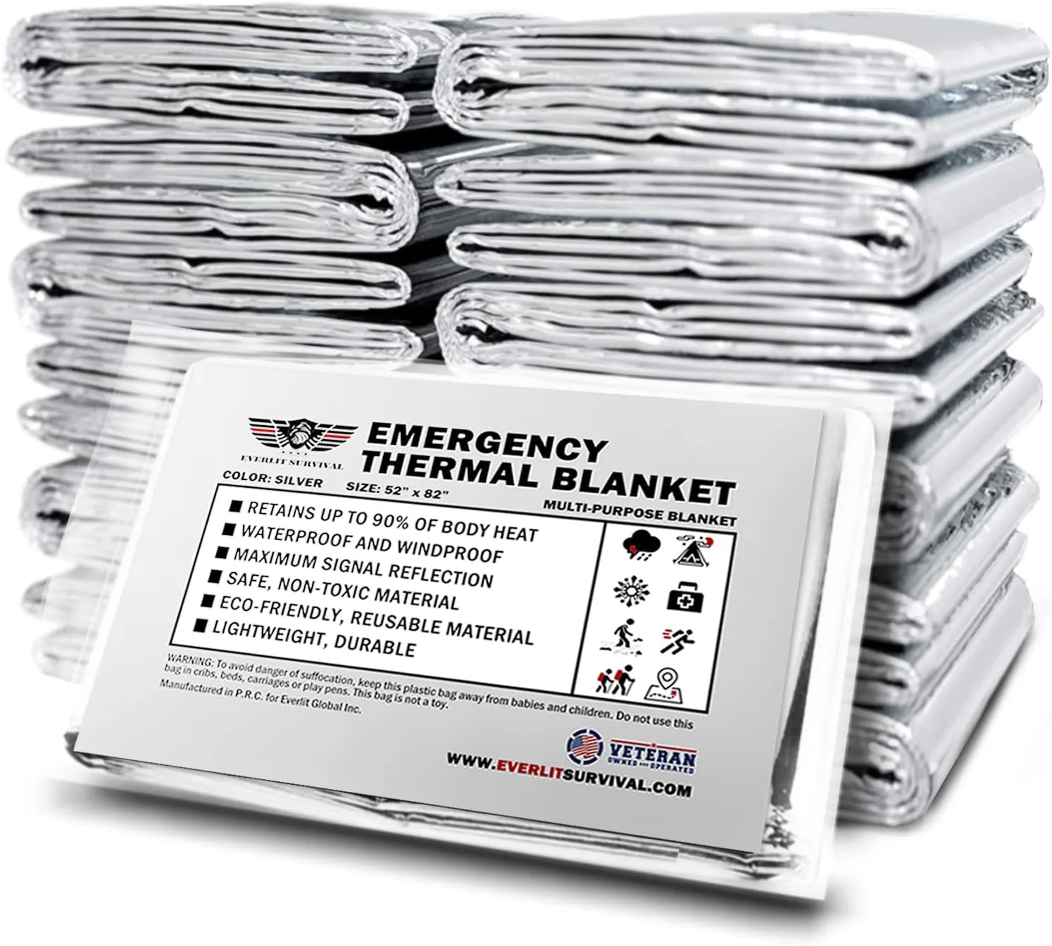 EVERLIT Survival Emergency Mylar Thermal Blankets -Space Blanket Survival kit Camping Blanket Perfect for First Aid Kit, Outdoors,Hiking,Survival,Bug Out Bag,Marathons (Silver, 12 Pack)