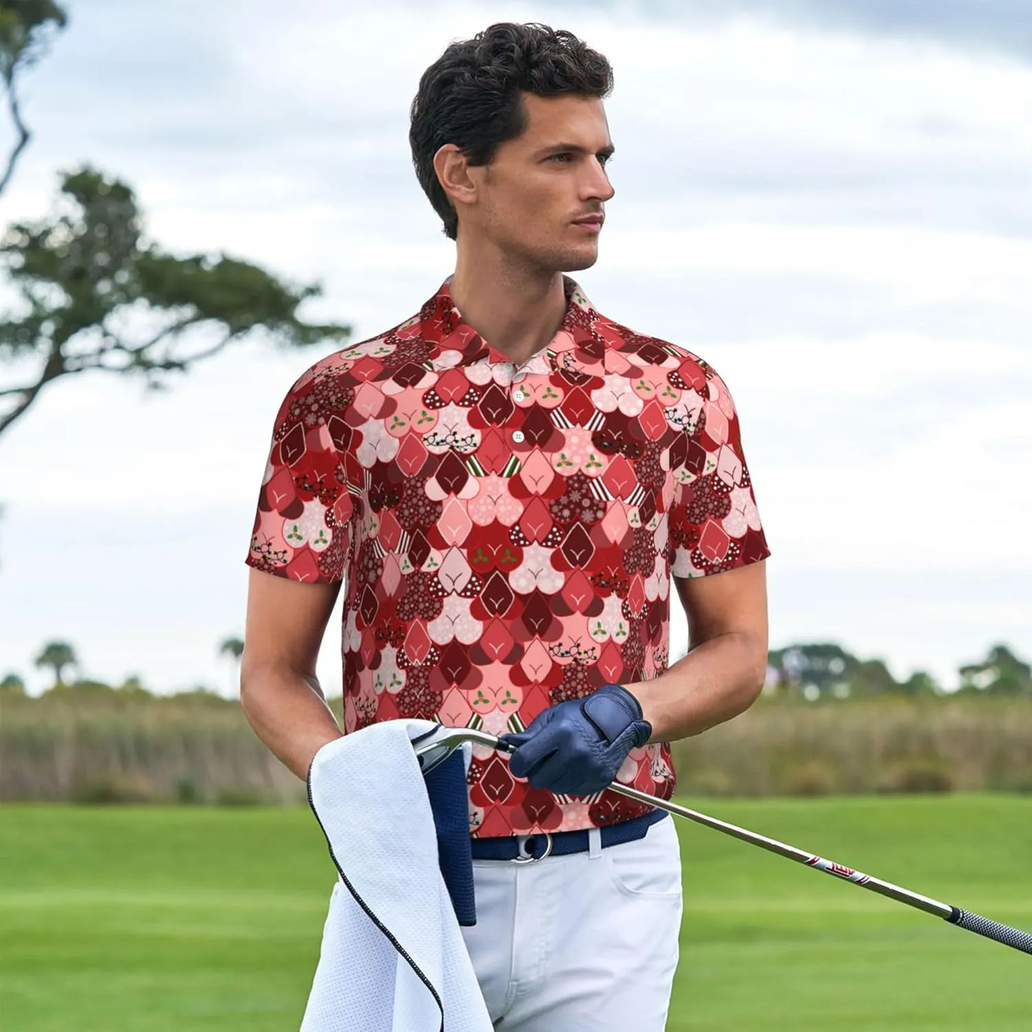 Funny Christmas Couple Golf Shirts,Matching Hawaiian Golf Shirt for Couple,Moisture Wicking Couple Polo Shirt for Men Women