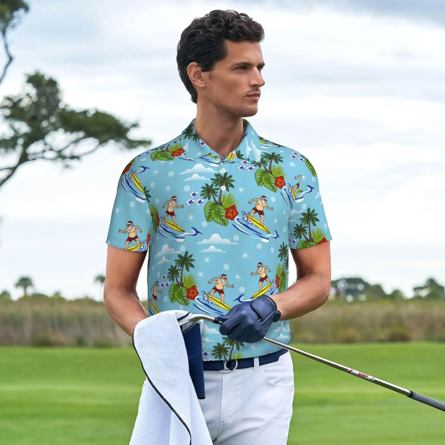 Funny Christmas Couple Golf Shirts,Matching Hawaiian Golf Shirt for Couple,Moisture Wicking Couple Polo Shirt for Men Women