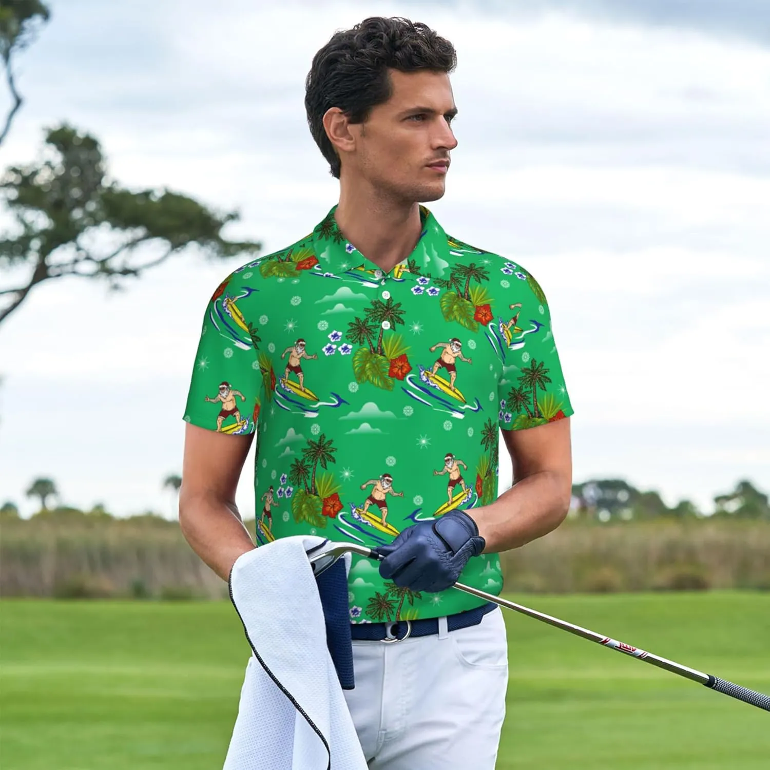 Funny Christmas Couple Golf Shirts,Matching Hawaiian Golf Shirt for Couple,Moisture Wicking Couple Polo Shirt for Men Women